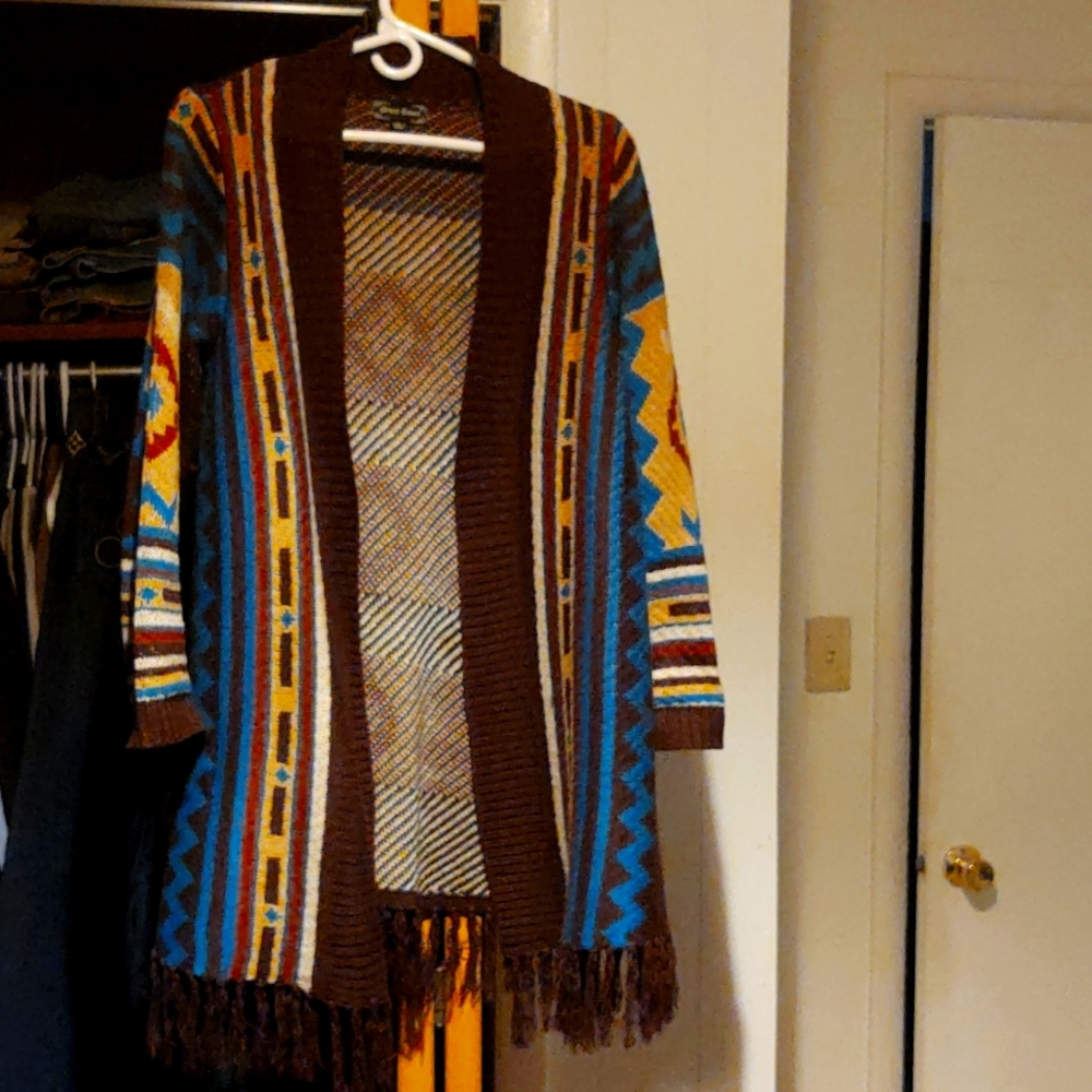 Steel roses, large, Aztec design long sleeve cardigan with fringe